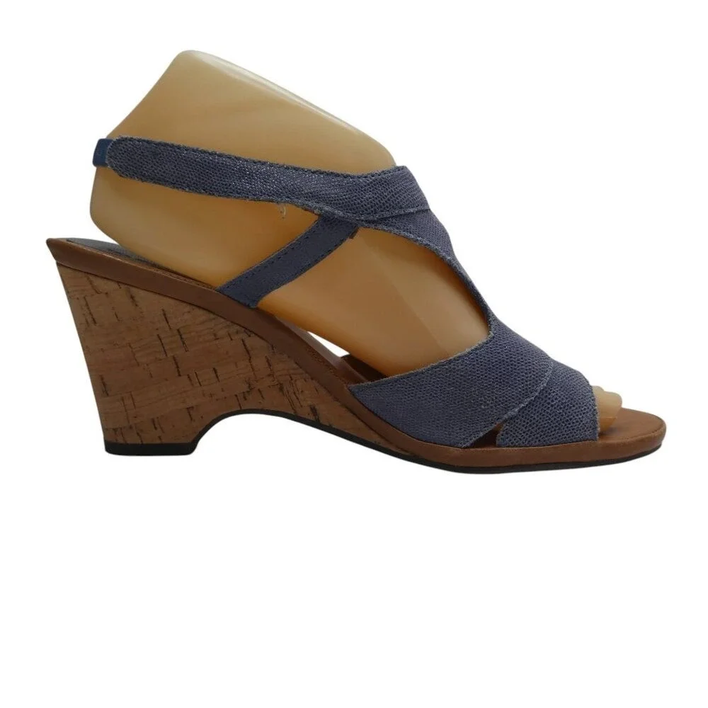 The FLEXX Wedge‎ Sandal Women 8.5 Blue Textured Leather Cork T-Strap Slingback